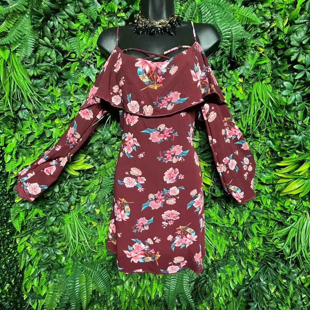 BLACK PINK Women Dress‎ Small Wine Red Cold Shoulder Floral Print Flare 1194